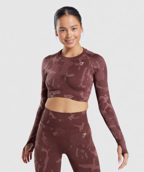 Women's Gymshark Adapt Camo Seamless Long Sleeve Cropped Tops Brown | NZ 5DVPMC